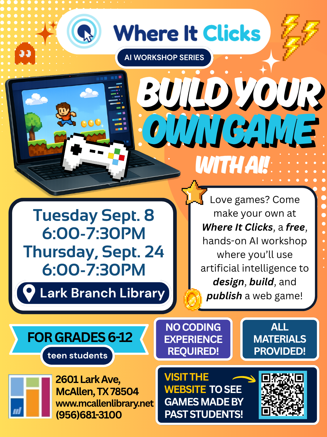 Build Your Own Game with AI flyer for the September 8 and September 24 sessions at Lark Branch Library